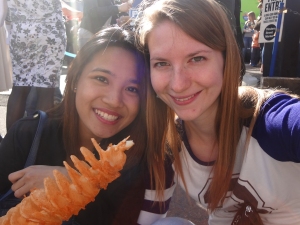My friend Justine and I with our own potato spiral.